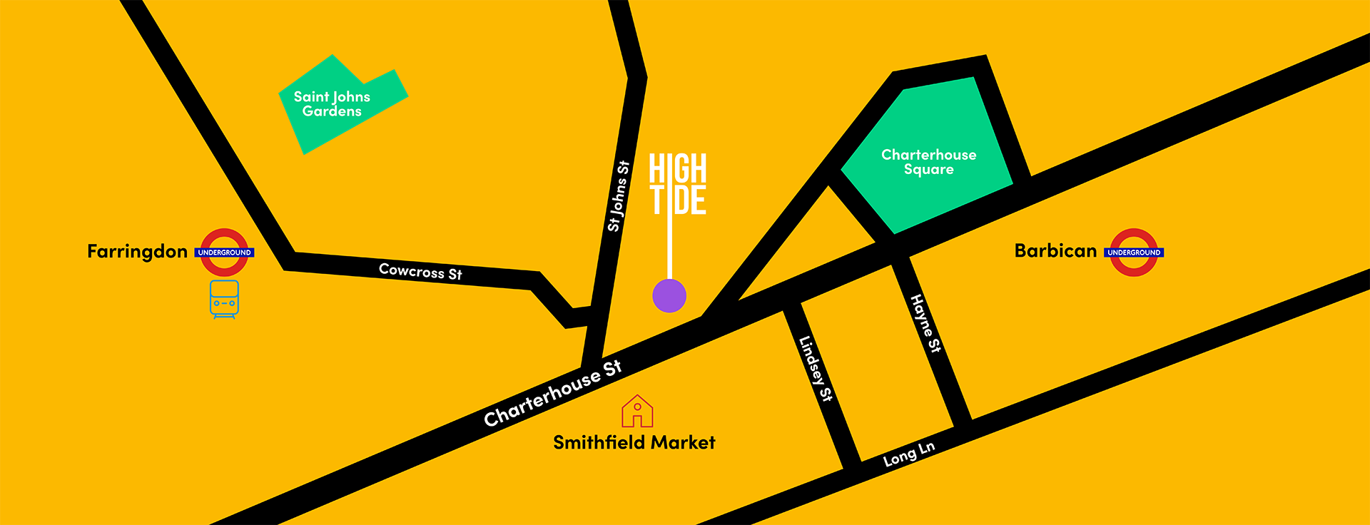 A map showing High Tide's location in London, off Chaterhouse Street near the Smithfield Market.
